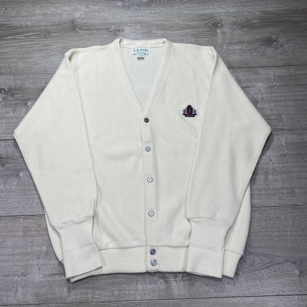 Vintage IZOD‎ Cardigan Sweater Mens Large Crest Knit USA 80s Preppy